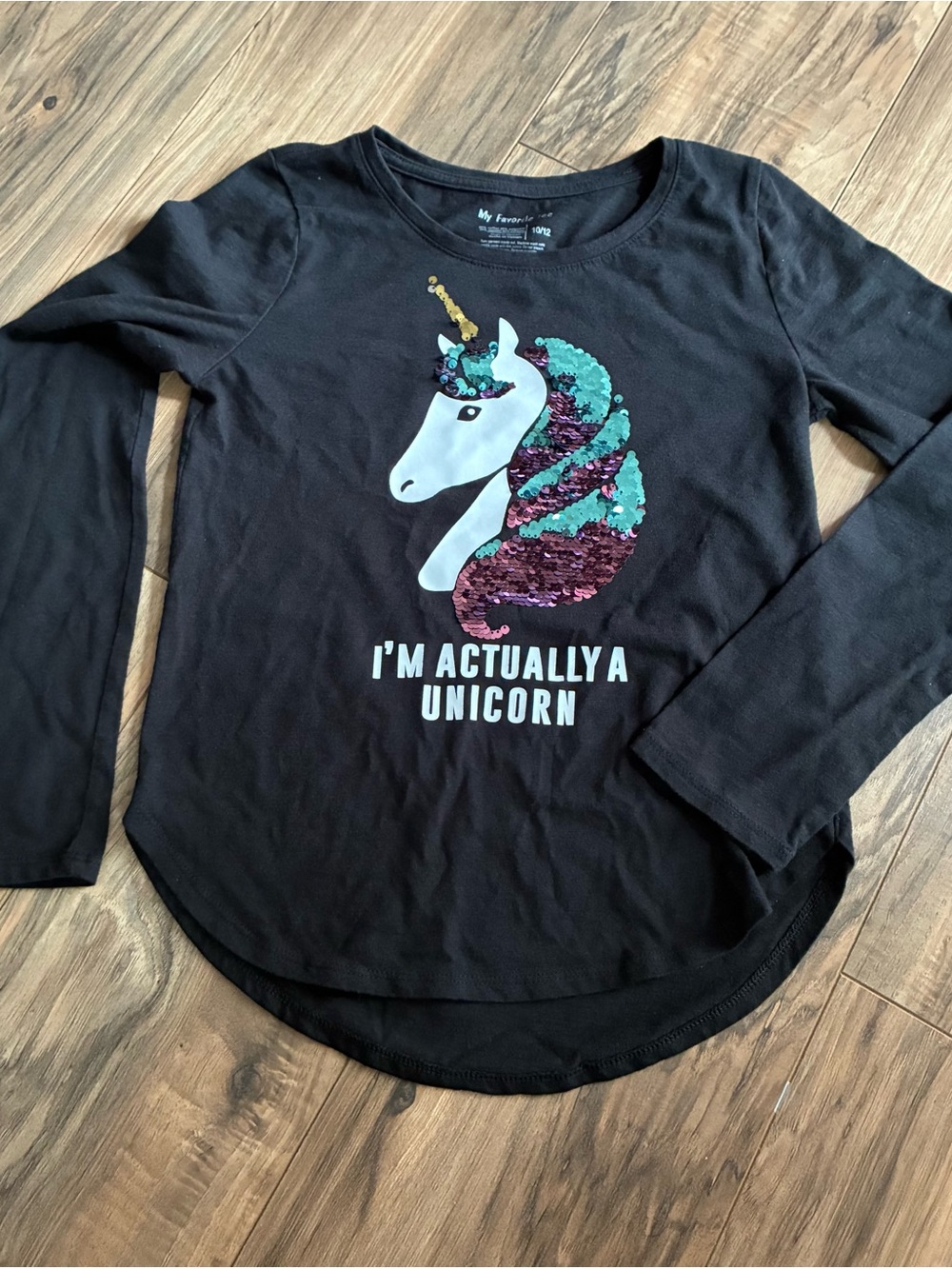 Girls' Black Long-Sleeve Unicorn Sequin Tee
